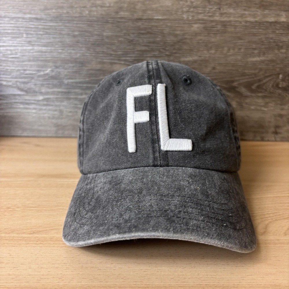 Florida Hat Cap Strap Back Gray Washed Embroidered FL State Outline